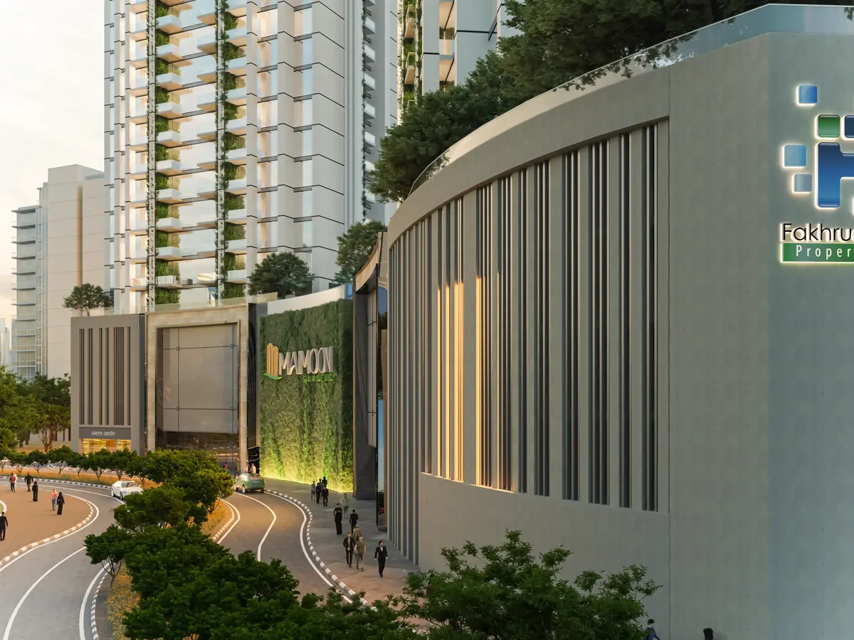 Maimoon Gardens entrance with the Fakhruddin Properties sign, developer render