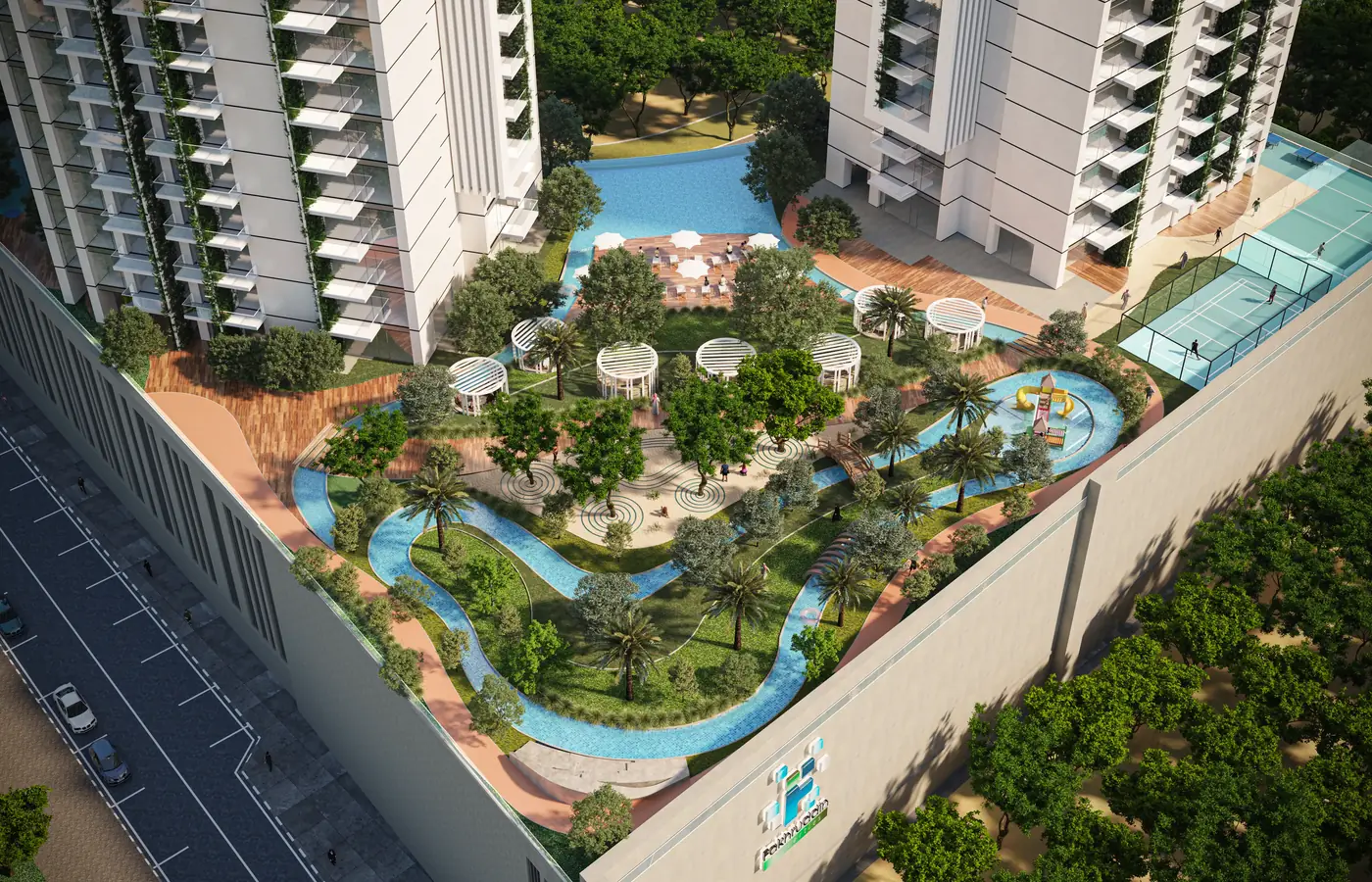 Aerial view of the podium: lazy river, gardens and pools between the two towers, developer render