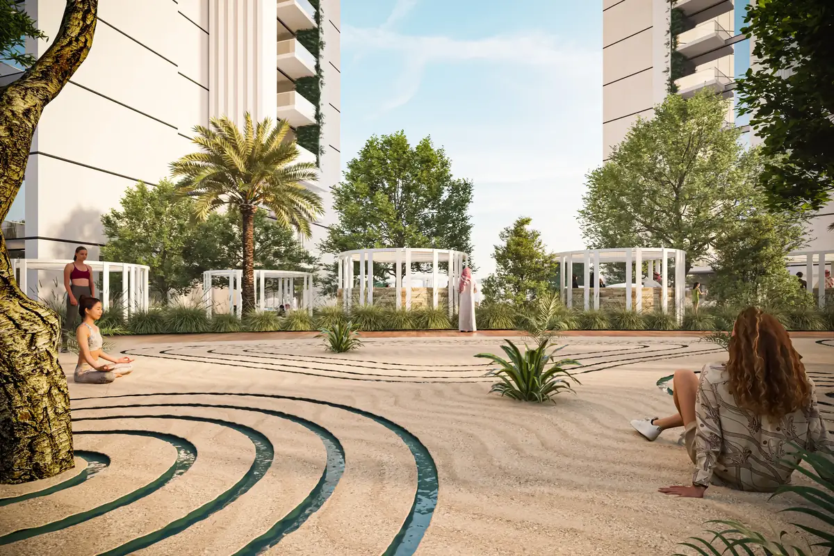 Raked-sand zen garden and pergolas on the podium, developer render