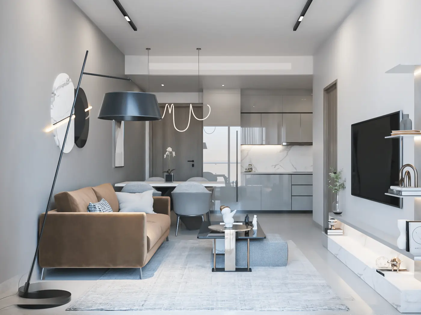 One-bedroom living room and open kitchen, developer render