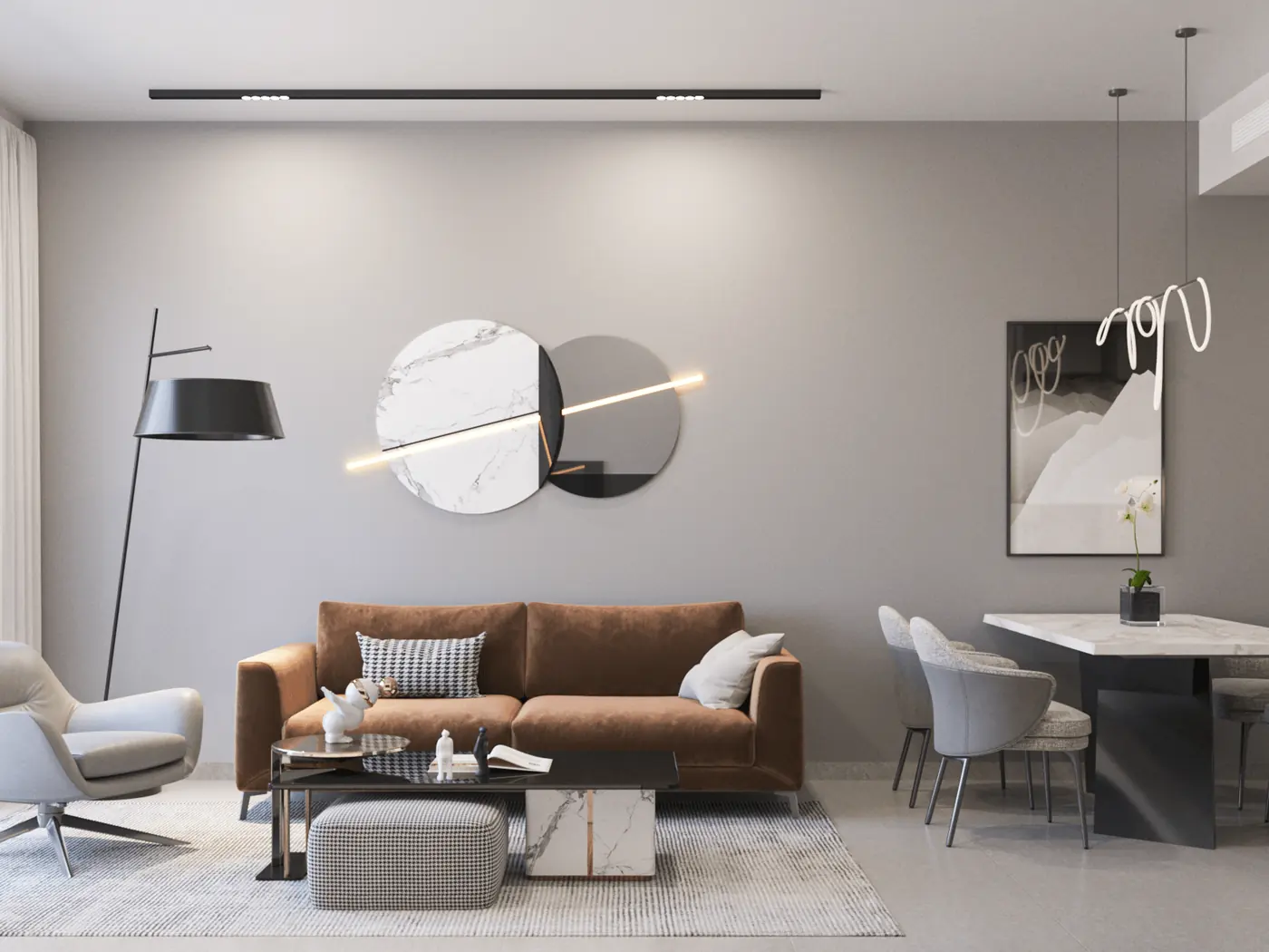 Two-bedroom living and dining room with full-height windows, developer render