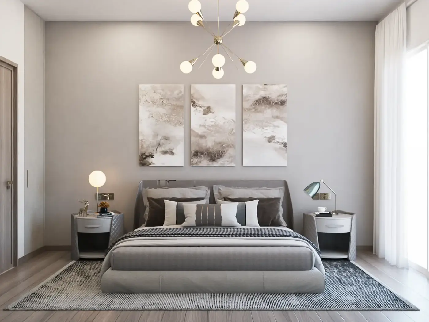 Bedroom with floor-to-ceiling curtains, developer render
